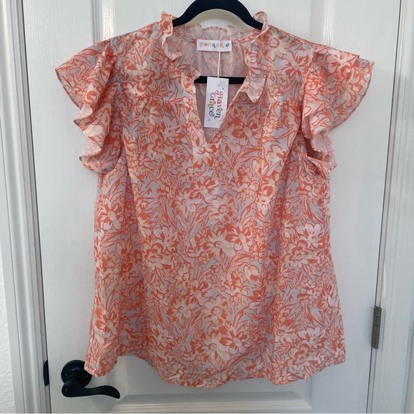 havengraceshop Tops - Haven Grace Floral Ruffle Blouse - Orange and White
